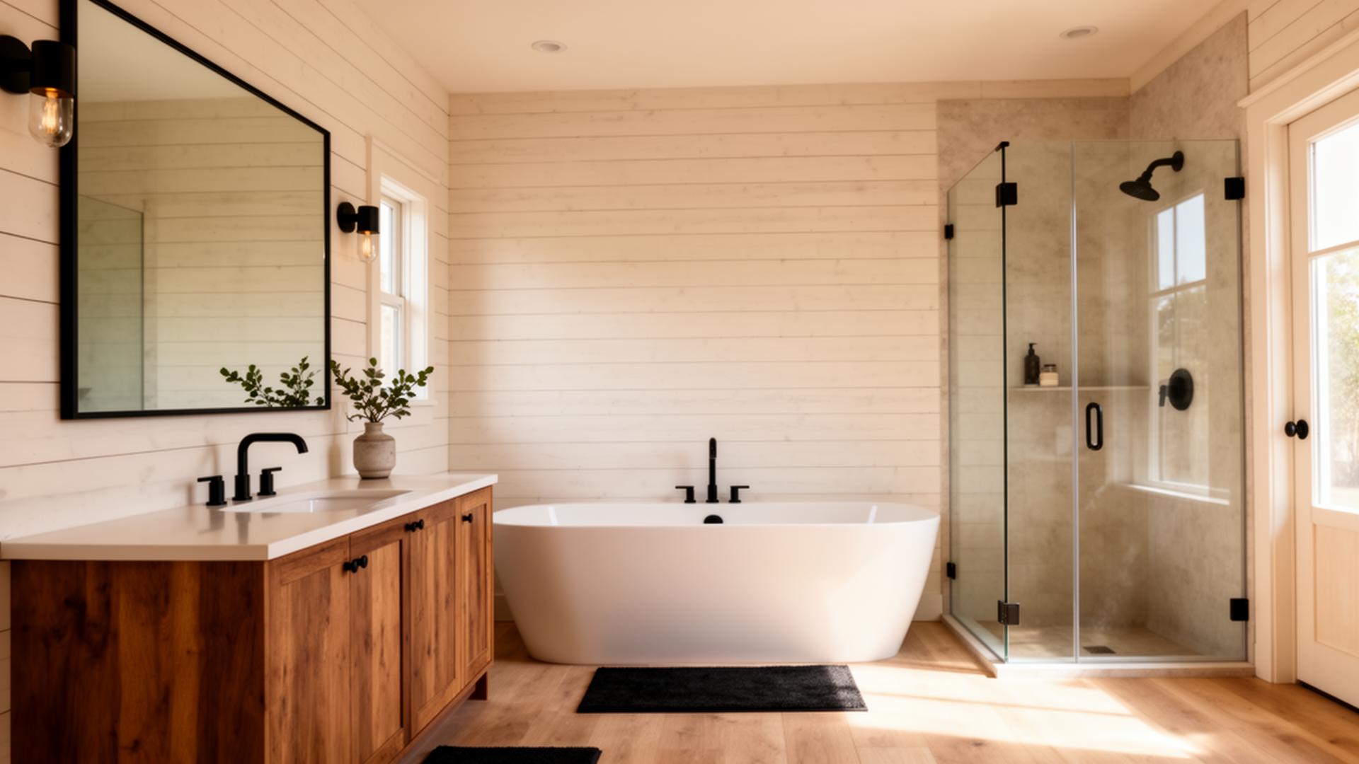 Modern farmhouse bathroom with shiplap walls, freestanding tub, and frameless shower glass